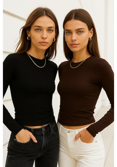 Rich Kadın Siyah-kahverengi 2'li Paket Bisiklet Yaka Esnek Kumaşlı Vücuda Oturan Slim Fit Uzun Kollu Crop Body Siyah - Kahverengi