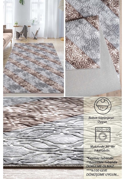 Raschel Carpet Gri Emboss Desenli Kalın Yumuşak Kaymaz Özel Taban Halı Yolluk