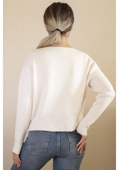 Ritnice Kadın Gold Metal Düğmeli Ekru Triko Hırka Krem