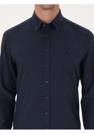 Cacharel Lacivert Slim Fit %100 Pamuk Yakası Düğmeli Flanel Gömlek