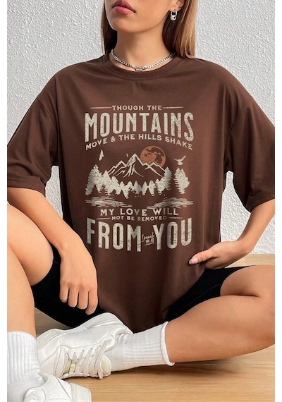 Unisex Mountains Baskılı Tasarım Tshirt Kahverengi