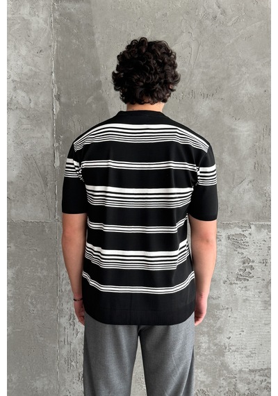 Erkek Bisiklet Yaka Oversize Çizgili Triko T-shirt Siyah