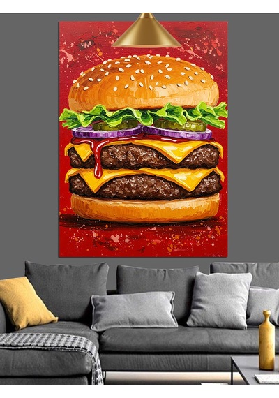 Katmanlı Dev Bir Cheeseburger Yemeği Dekoratif Kanvas - Mdf Ahşap Tablo