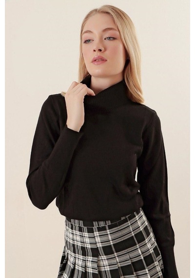Onno Style Women Düz Balıkcı Yaka Basic Kazak Siyah