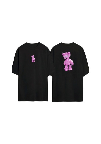 Thewert Unisex Pink Bear Ön Arka Baskılı Sıyah Oversize T-shirt Siyah