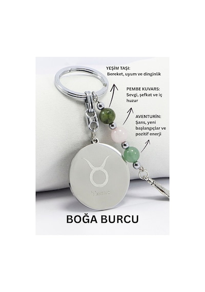 Boğa Burcu Doğal Taşlı Çelik Burç Anahtarlık, Pembe Kuvars, Yeşim