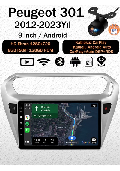 Peugeot 301 2012-2023 Android 14 Navigasyon Multimedya Tesla Ekran Android Teyp Double Teyp 8gb Ram 128gb Hafıza Kablosuz Carplay Android Auto 9"