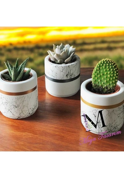 Mermer Desen Silindir,geometrik Beton Saksılık Ve Sukulentlik 3'lü Set