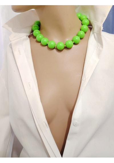 Manolya Büyük Akrilik Boncuk Choker Kolye 5 Renk Yeşil - Neon