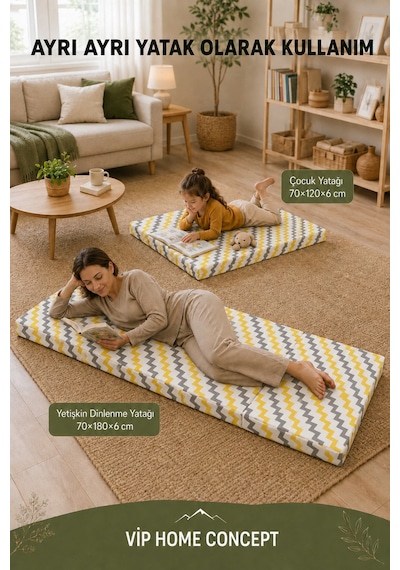 2 Li Katlanabilir Çocuk Oyun Minderi ve Yer Yatağı Seti 70x180 + 70x120 CM 6 CM - Sarı Gri Zikzak