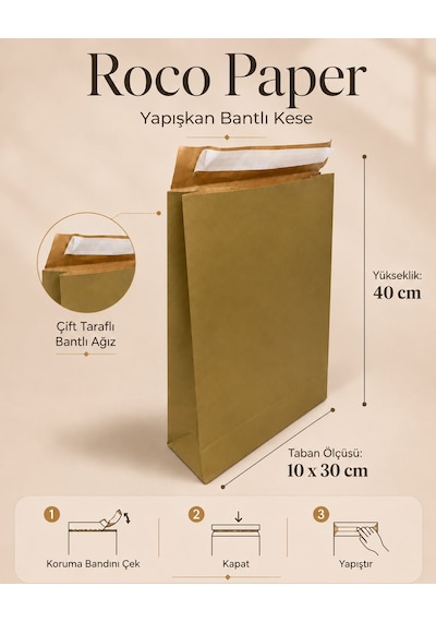 Yapışkan Bantlı Kraft Kese Kağıdı, Altın Renk, 30x40x10 Cm - 24'lü Paket, Hediye Ve Kargo Zarfı