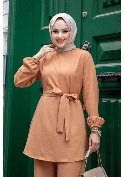 Misskayle Dikiş Detaylı Tesettür Camel Takım Camel