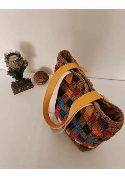 Fikriharika Design El Yapımı Renkli Kağıt İp Sepet Örgü Omuz Çantası Deri Tabanlı, Astarlı Ve Cepli Bohem Tasarım Çok Renkli Fikriharika Design El Yapımı Renkli Kağıt İp Sepet Örgü Omuz Çantası Deri Tabanlı, Astarlı Ve Cepli Bohem Tasarım Çok Renkli