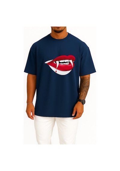 Bahriyeli Collection Oversize Dracula Vampire, Teeth Göğüs Tasarımlı Unisex T-shirt Lacivert
