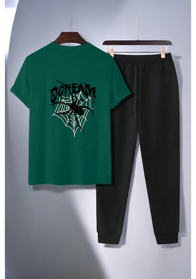 Uyguntarz Unisex Scream Siyah Tasarım Basklı Tshirt Eşofman Takımı Yeşil