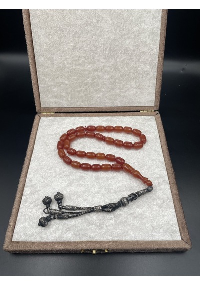 1000 Ayar Trabzon Kazaz Püsküllü Sıkma Kehribar Tespih 8x11 Mm Gümüş