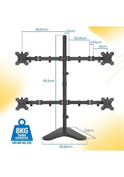 Ergoflex EF44 Steel Design 2-8 KG Quad Ekran Asansörlü 13'' - 27'' Desktop Monitör Standı