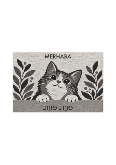 Kartela Halı Merhaba Güle Güle Kedili Kapı Paspası Antrasit Kaymaz Kauçuk Taban Yıkanabilir 60x90 Cm