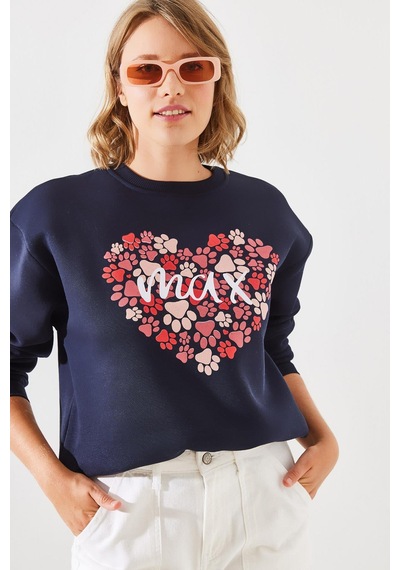 Shade Kadın Üç İplik Şardonlu Yuvarlak Yaka Pati Baskılı Sweatshirt Mbhs005 60601005 - Lacivert