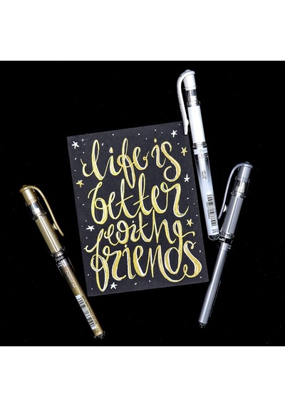 Signo Pen Geniş Metalik Jel Mürekkep Rollerball - Metal 1 Mm Uç Ucu 0,65 Mm Kauçuk Saplı Çizgi Genişliği - Um-153 - 6'lı Paket - Beyaz, Gümüş Ve Altın 165-Koyu Yeşil