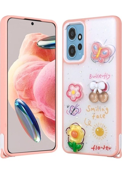 Xiaomi Redmi Note 12 4g Kılıf Parlayan Simli Kabartma Figürlü Zore Cevze Kapak Pembe