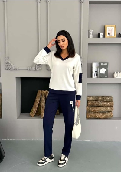 Elaxi Kadın Armalı Modal Kumaş V Yaka Tişort Pantolon İkili Takım Lacivert