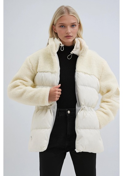 Yün Karışımlı Rahat Şişme Mont 7109 Beyaz