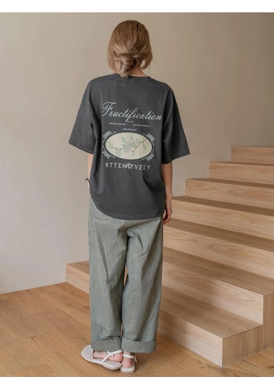 Flood Of Style Kadın Füme Fructification Baskılı Oversize T-shirt Gri