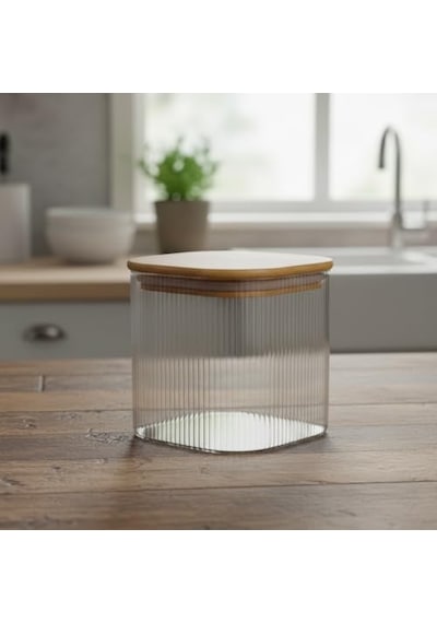 Bambu Kapaklı Kare Cam Saklama Kavanozu 10x10 Cm - Vakum Kapaklı Şeffaf Erzak Kabı Ve Mutfak Düzenleyici Organiza Diğer