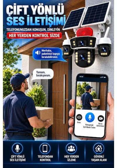 4 Kameralı 4g Sım Kartlı Solar Güvenlik Kamerası Çift Güneş Panelli Ptz Gece Görüş Sirenli Ip66 Okam Pro Uygulama