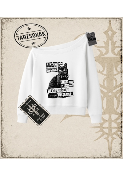 Tarzsokak Gotik & Grunge Streetwear Hate Me Or Love Me Kayık Yaka Sweatshirt Beyaz