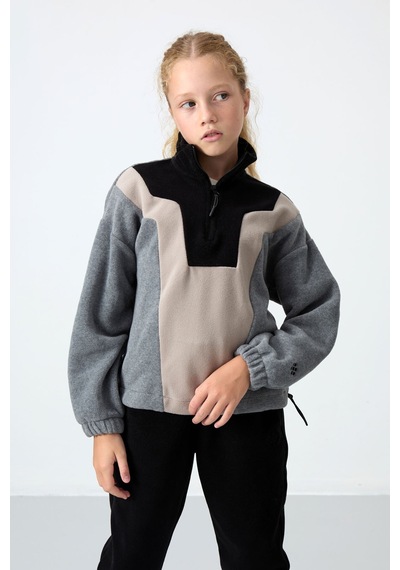 Tommy Life Gri Melanj Kalın Yumuşak Dokulu Oversize Nakışlı Polar Kız Çocuk Sweatshirt - 75153 Gri Melanj
