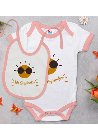 Bk Kids İlk Seyahat Tasarımlı Pembe Bebek Body Zıbın Ve Mama Önlü Çok Renkli