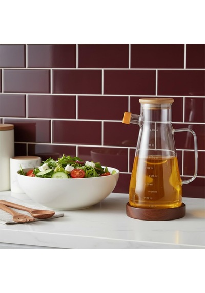 Amberhaus Kesten 900 Ml Cam Yağdanlık Ahşap Kapaklı Ve Altlıklı Şeffaf, Pratik Mutfak Yağ Ve Sirke Şişesi
