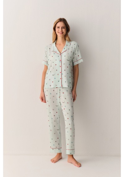 Suwen Smile Gömlek Yaka Pijama Takımı Sh26503660b892 Yeşil