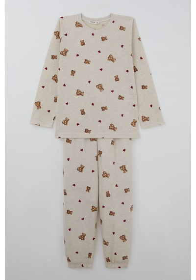 Breeze Kız Çocuk Pijama Takımı Kalp & Sevimli Oyuncak Ayıcık Desenli 4-8 Yaş, Bej Melanj
