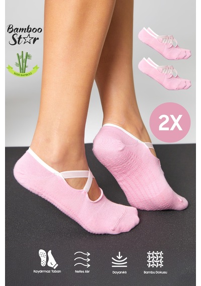 Bamboo Star Bambu Kadın Pembe Kaydırmaz Taban Silikon Baskı Pilates Yoga Fitness Dans Aktivite Babet Çorabı 2'li