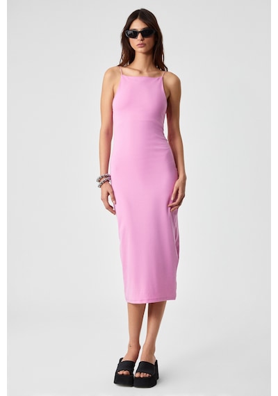 Ethıquet Havvolıne Kadın Havuz Yaka Slim Fit Kolsuz Pembe Elbise