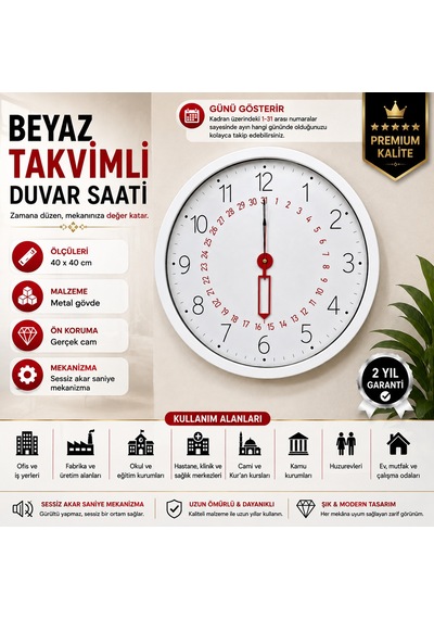 Beyaz Takvimli 40 X 40 Cm Metal Duvar Saati