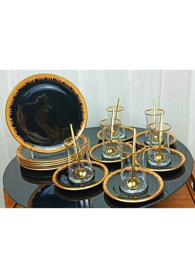 Elta Collection 6 Kişilik 24 Parça Pinkmore Siyah-gold Pasta Çay Saati Seti Siyah