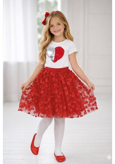 Dıgıl Kids Kız Çocuk Çiçek Ve Kalp Desenli T-shirt Etek Takım Kırmızı9