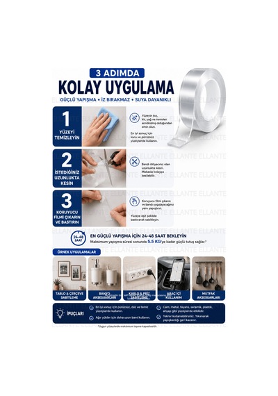 Çift Taraflı Şeffaf Nano Bant 18 Mm X 1 Metre Güçlü Yapışkan İz Bırakmayan Suya Dayanıklı Montaj Ban