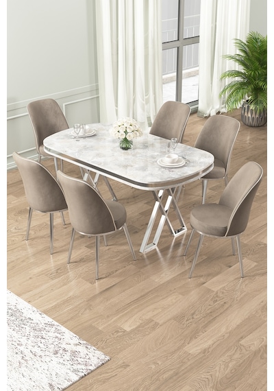 Canisa Lai Serisi 90x168 Lak Panel Beyaz Mermer Desen Krom Ayak Masa Takımı 6 Cappucino Sandalye Masa Beyaz Mermer Desen Sandalye Cappucino Canisa Lai Serisi 90x168 Lak Panel Beyaz Mermer Desen Krom Ayak Masa Takımı 6 Cappucino Sandalye Masa Beyaz Mermer Desen Sandalye Cappucino