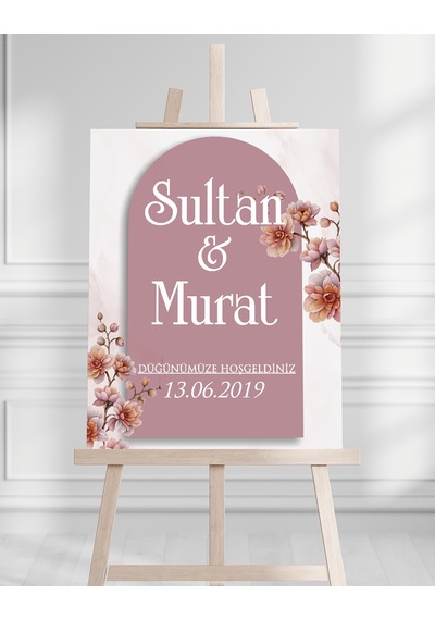 Söz Nişan Düğün İçin 50x70 Karşılama Panosu - Pembe Çiçek Tasarımlı 01 Beyaz