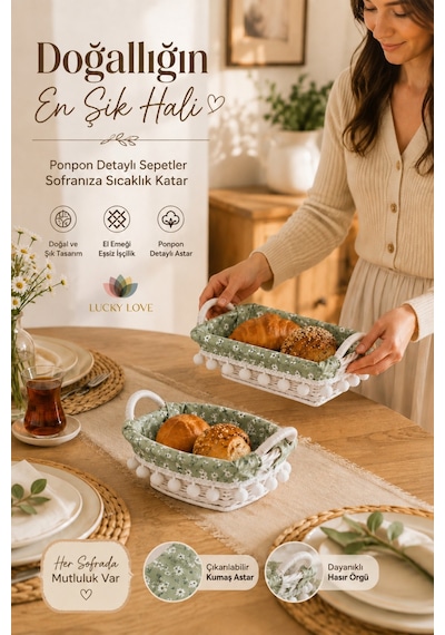 2'li Ponponlu Ekmek Sepeti Seti Oval Ve Dikdörtgen Çıkarılabilir Kumaş Astarlı Hasır Servis Sepeti Açık Yeşil