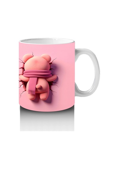 Pembe Çiçekli Çatlakta Sevimli Ayıcık Ve Arka Yüzü Baskılı Kahve Kupası Renkli