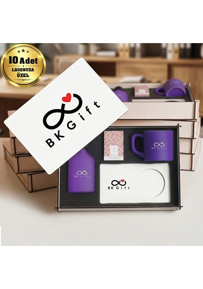 Logonuza Özel 10 Adet Kutulu Ahşap Altlıklı Mor Fincan & Kolonya & & Aromalı Kahve Seti Ahşap Kutulu Kurumsal Hediye Seti