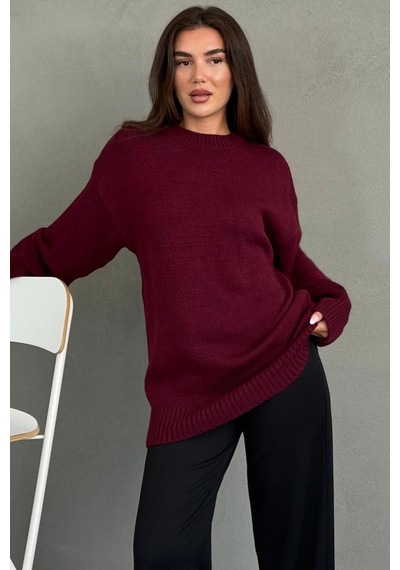 Madmext Bordo Bisiklet Yaka Oversize Uzun Kadın Triko Kazak Mg2890