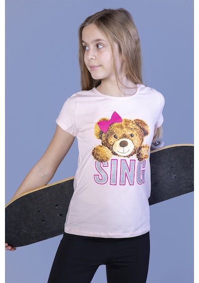Toontoy Kids Toontoy Kız Çocuk Ayıcıklı Sıng Baskılı Tişört Pudra