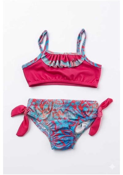 Beniizle Yaprak Desenli Kız Çocuk Bikini Takımı Nar Çiçeği